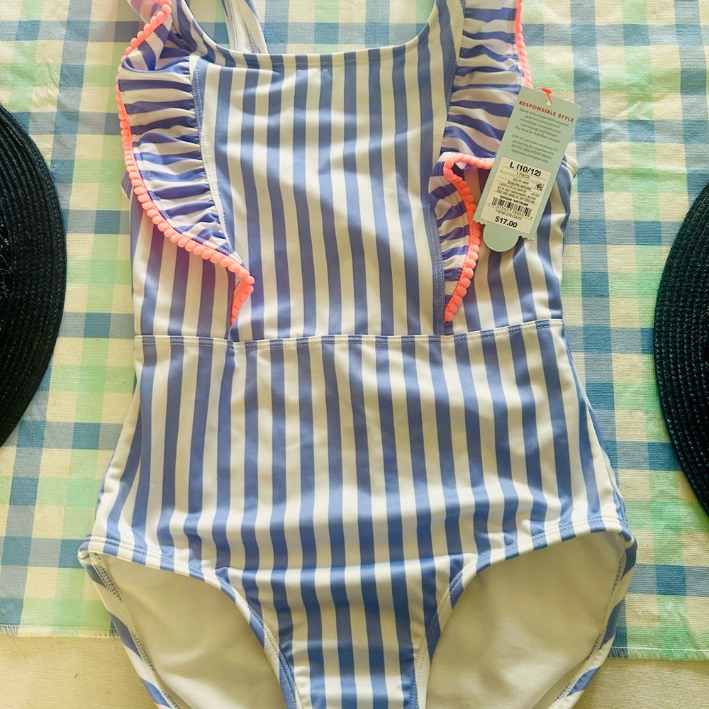 Cat & Jack Blue and White One Piece Swimsuit with Ruffled Straps